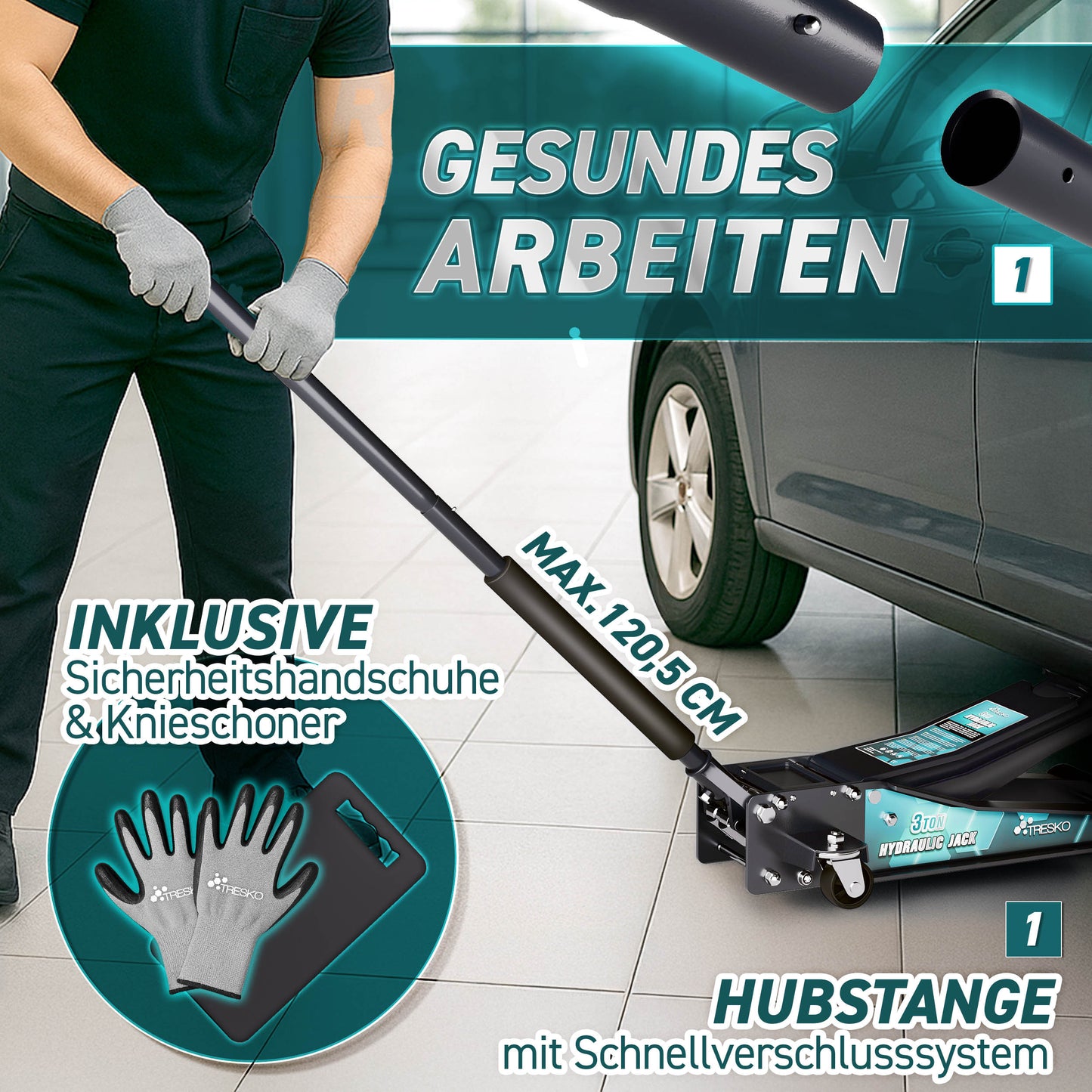 Cric idraulico per auto TRESKO® 2.5 - 3T | Cric idraulico per spostamento auto e SUV con ruote piane e a 360°, include 2 guarnizioni in gomma, tappetino protettivo, guanti