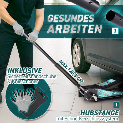 Cric idraulico per auto TRESKO® 2.5 - 3T | Cric idraulico per spostamento auto e SUV con ruote piane e a 360°, include 2 guarnizioni in gomma, tappetino protettivo, guanti