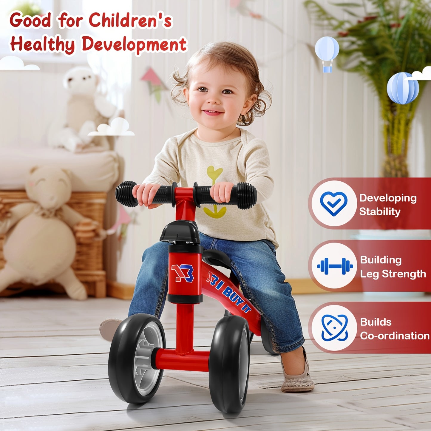 I BUY IT Bici in equilibrio per bambini - Bici leggera per bambini piccoli con telaio robusto e base ampia, 4 opzioni di colore (Rosa/Rosso/Verde/Blu/Giallo) - Bici addestramento senza pedali con sistema di freno lineare e ruote basse per bambini e bambin