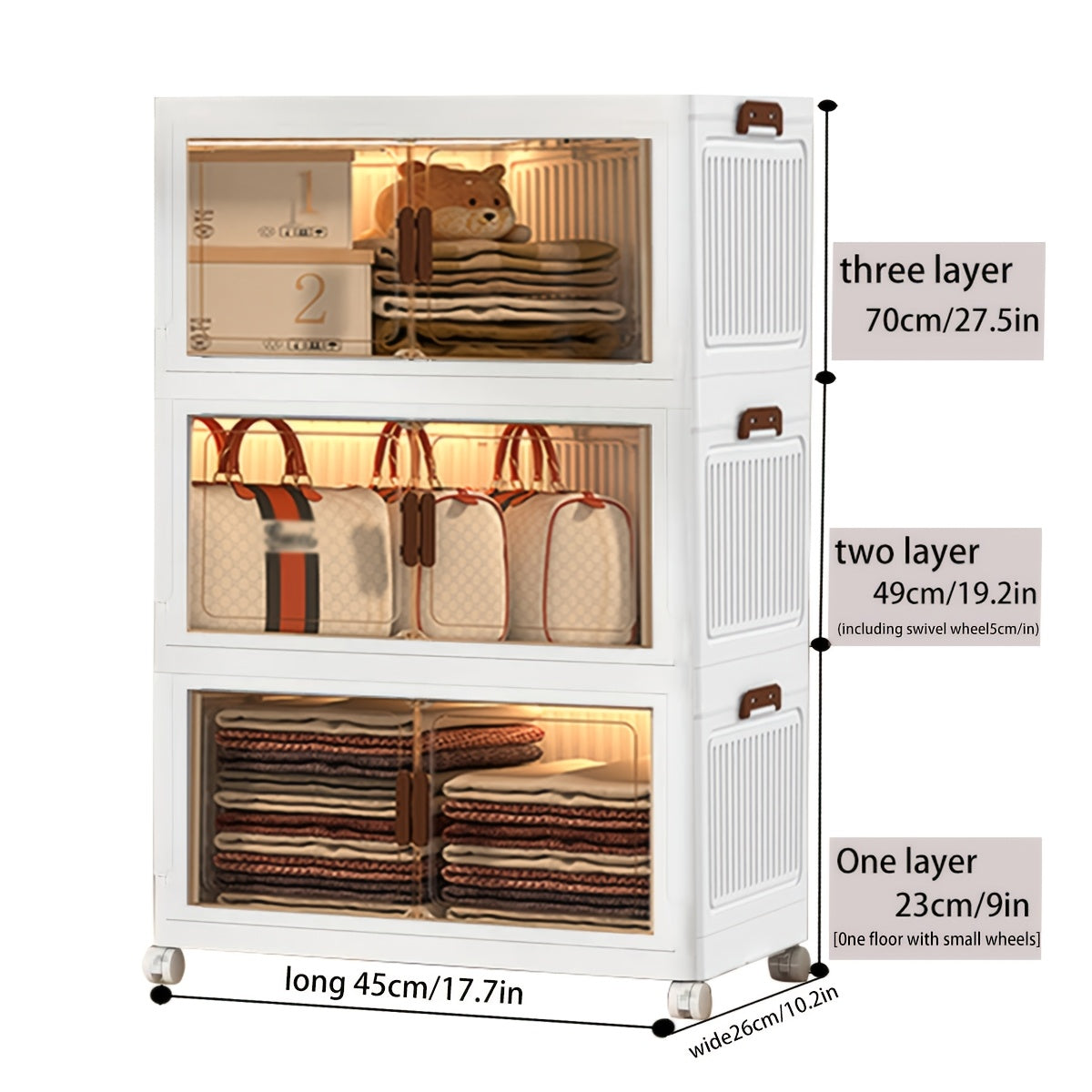Contenitori in plastica da 60 cm, scatole impilabili con coperchi, contenitori pieghevoli con ruote bloccabili per camera da letto, soggiorno, studio e ufficio