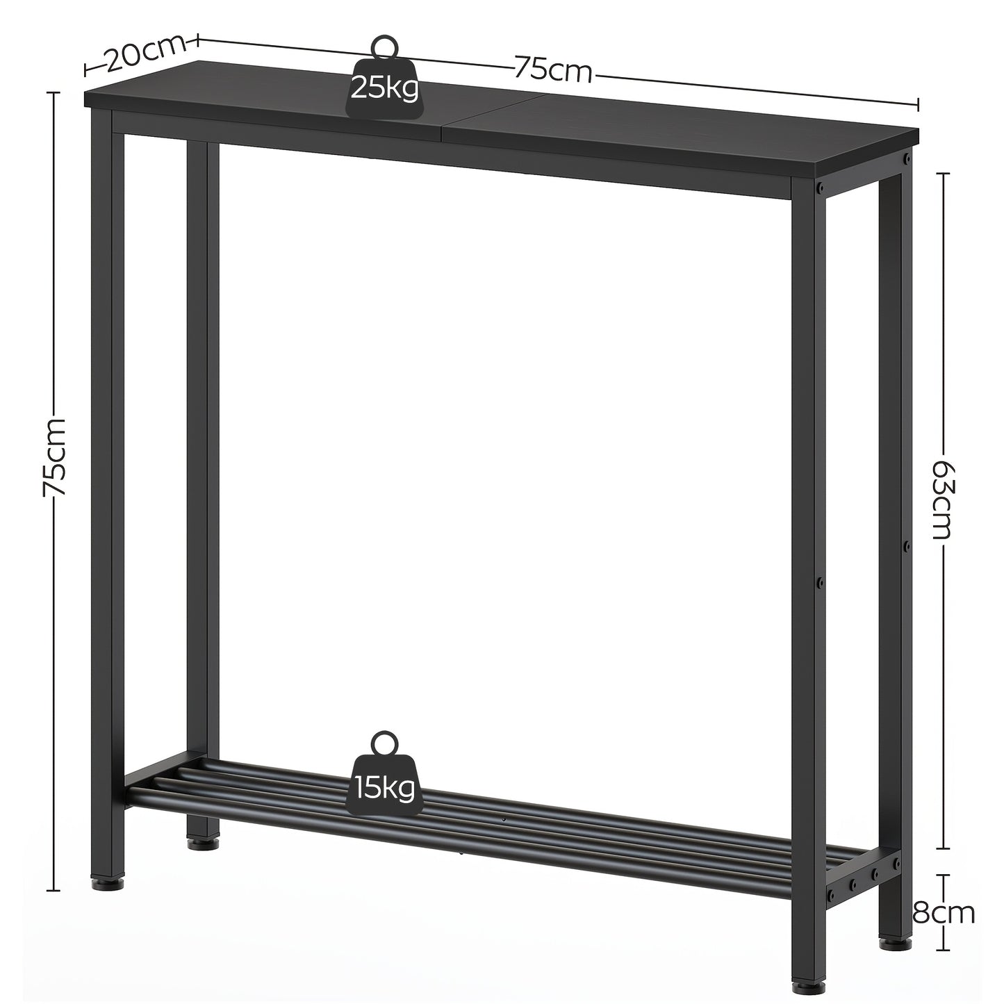 Tavolino d'Ingresso, Consolle Stretta, Tavolino a Doppio Strato, Ideale per Corridoi e Ingressi, Design Compatto in Nero e Marrone con Struttura in Metallo, Perfetto per Soggiorni e Passaggi