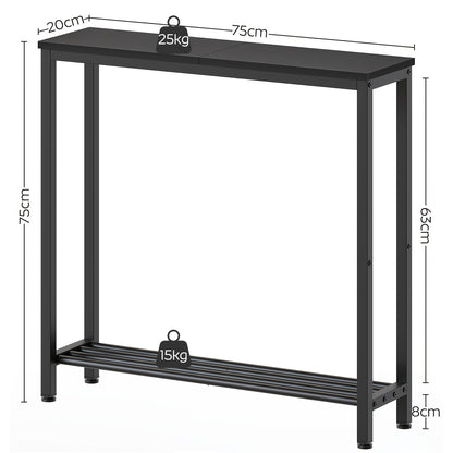 Tavolino d'Ingresso, Consolle Stretta, Tavolino a Doppio Strato, Ideale per Corridoi e Ingressi, Design Compatto in Nero e Marrone con Struttura in Metallo, Perfetto per Soggiorni e Passaggi