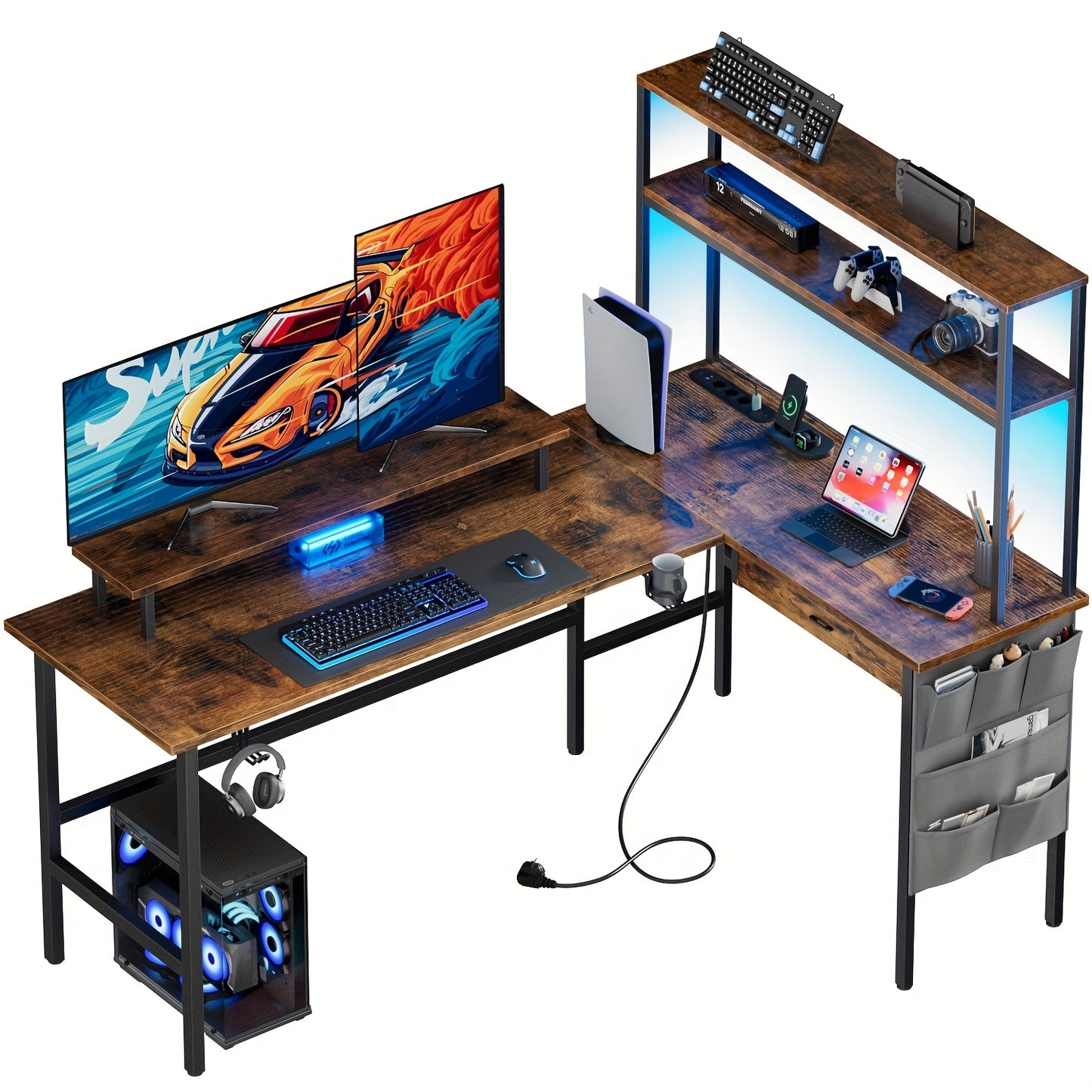 Scrivania da gaming a L con luce LED e presa di corrente - Scrivania da gamer, scrivania per computer reversibile da 59/67 pollici con ripiani portaoggetti e cassetto e borsa, tavolo da gioco angolare con supporto per monitor, ufficio domestico, regali pe