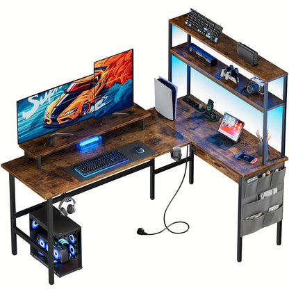 Scrivania da gaming a L con luce LED e presa di corrente - Scrivania da gamer, scrivania per computer reversibile da 59/67 pollici con ripiani portaoggetti e cassetto e borsa, tavolo da gioco angolare con supporto per monitor, ufficio domestico, regali pe