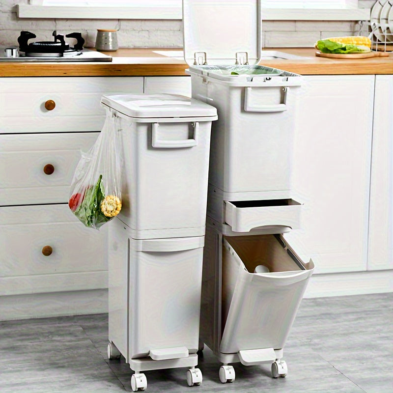 Pattumiera stretta da cucina da 32L con coperchio, raccolta differenziata con divisorio o doppi contenitori interni, a pedale per separazione di rifiuti asciutti e umidi, contenitore per rifiuti in plastica salvaspazio per cucina e bagno