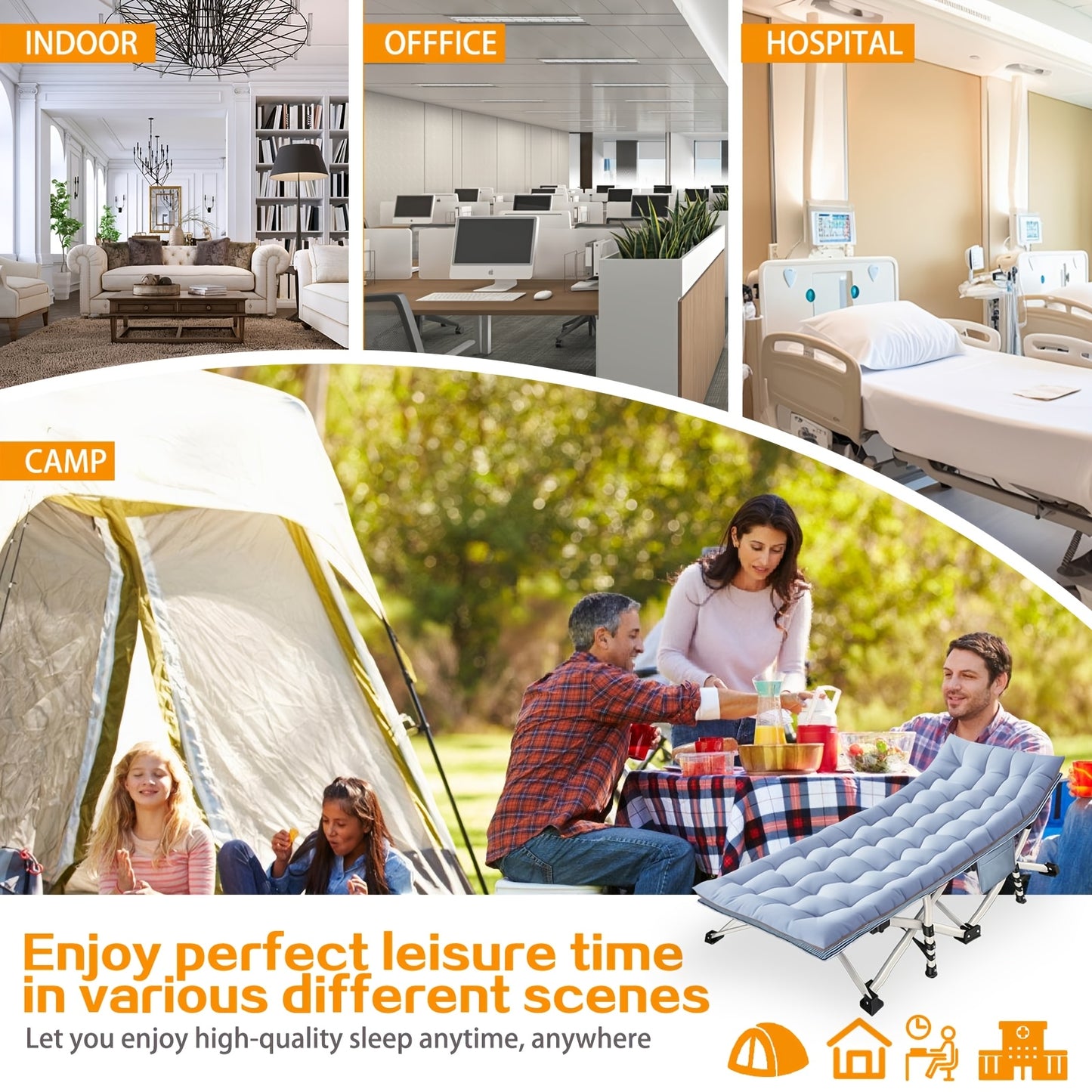 Lettino da campeggio pieghevole portatile XXL misura 200 cm x 190 cm, con materasso rimovibile e capacità di supporto fino a 300 kg e 400 kg. Non richiede installazione ed è ideale per uso esterno, campeggio, tende, uffici, case.