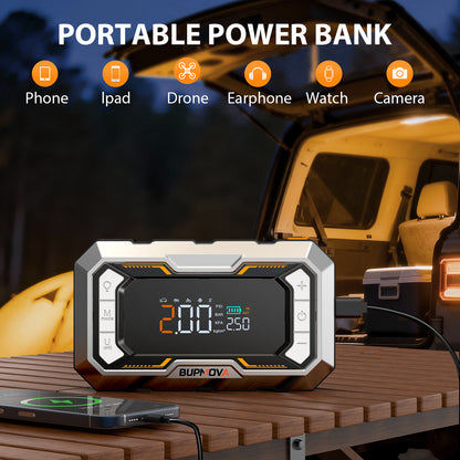 Avviatore di emergenza per auto 8000A con compressore d'aria, pompa di gonfiaggio cordless per pneumatici, booster di batteria con power bank e torce a LED, doppio display della pressione dell'aria