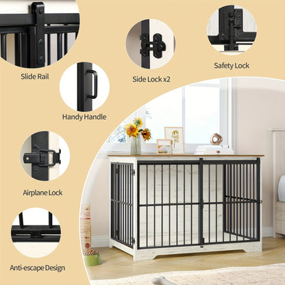 Gabbia per Cani Arredo, 110cm Gabbia per Cani, Cuccia Moderna Interna a Doppia Porta per Razze Medie e Grandi, Tavolino Laterale con Porte Scorrevoli Rinforzate 110 × 65 × 81cm