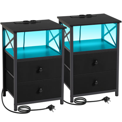 AMHANCIBLE Set Comodino 1/2 pezzi, Comodino LED con Base di Ricarica, Tavolino Laterale con Porte USB e Prese, Comodino con 2 Cassetti in Tessuto per Camera da Letto, Soggiorno, Tavolino Laterale per Divano, Comodino