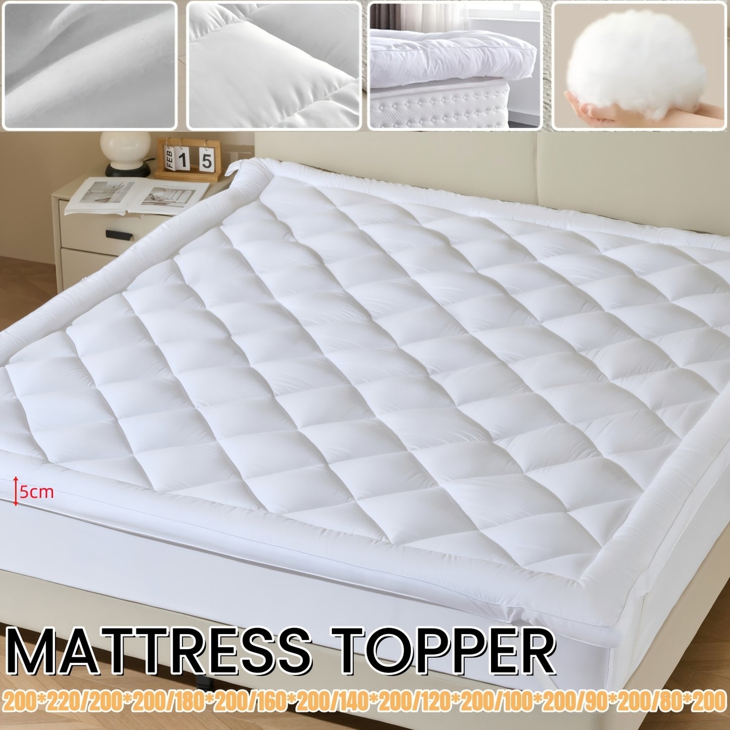 Coprimaterasso Sottile di Lusso con Fascie Elastiche agli Angoli, Tessuto Traspirante, Imbottitura in Poliestere 1000GSM, Comodo e Caldo, Lavabile in Lavatrice, Bianco, Design Trapuntato a Quadri Diamantati, Misura Matrimoniale, Design a Scatola