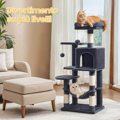 Albero per Gatti 112 cmdi Peluche, 4 Pali Tiragraffi, 2 Pompon, 1 Amaca, 2 Piattaforme, 1 Nicchia