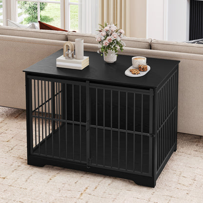 Gabbia per Cani Arredo, 110 cm Gabbia per Cani, 2 Ante, Gabbia Moderna per Interni, Adatta a Cani Piccoli/Medii/Grandi fino a 100 kg, Tavolino Laterale, Ante Scorrevoli Rinforzate, 65 x 110 x 81 cm, Nero/Bianco e Nero
