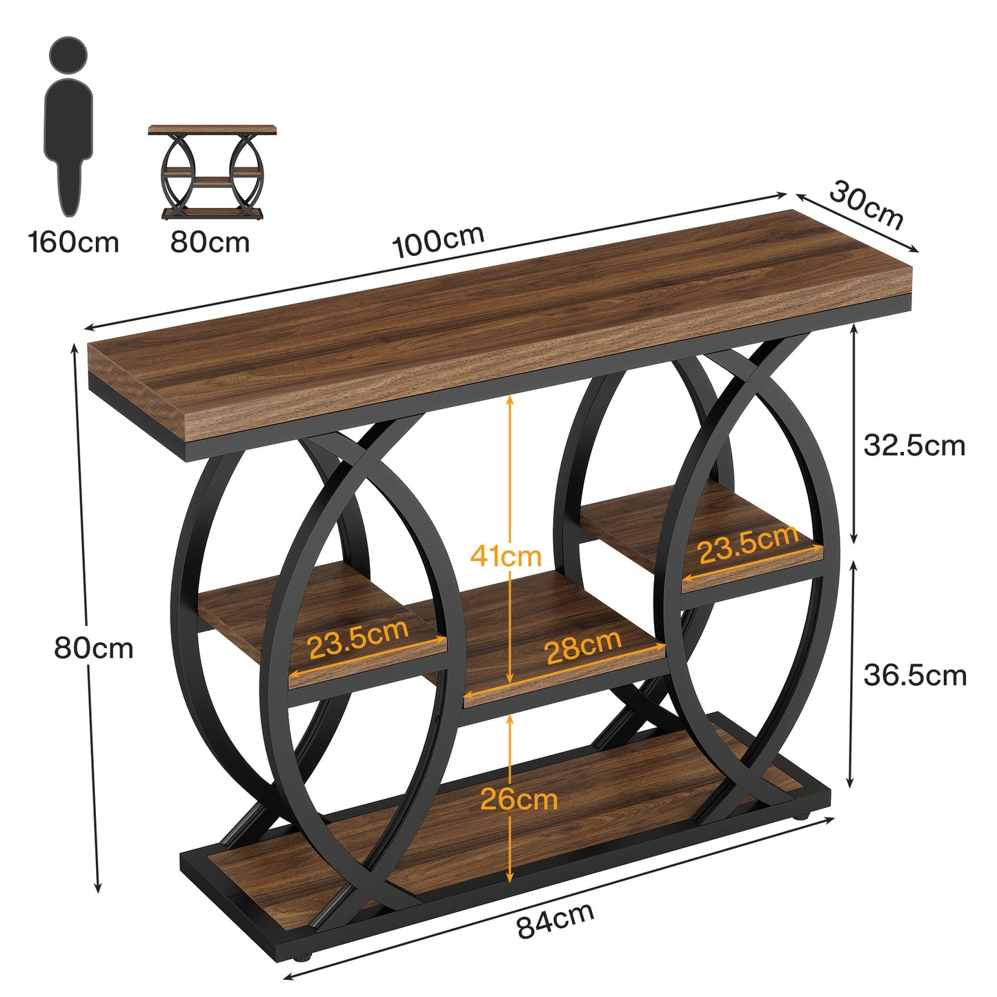 Console Table, 100 X 30Cm Tavolo da Divano Industriale a 4 Livelli con Ripostiglio, Tavoli Accenti in Legno Sottile con Struttura in Metallo per Piccole Stanze, Corridoio, Ingresso, Marrone Rustico.
