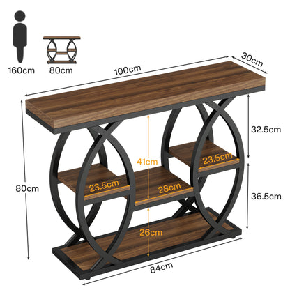 Console Table, 100 X 30Cm Tavolo da Divano Industriale a 4 Livelli con Ripostiglio, Tavoli Accenti in Legno Sottile con Struttura in Metallo per Piccole Stanze, Corridoio, Ingresso, Marrone Rustico.
