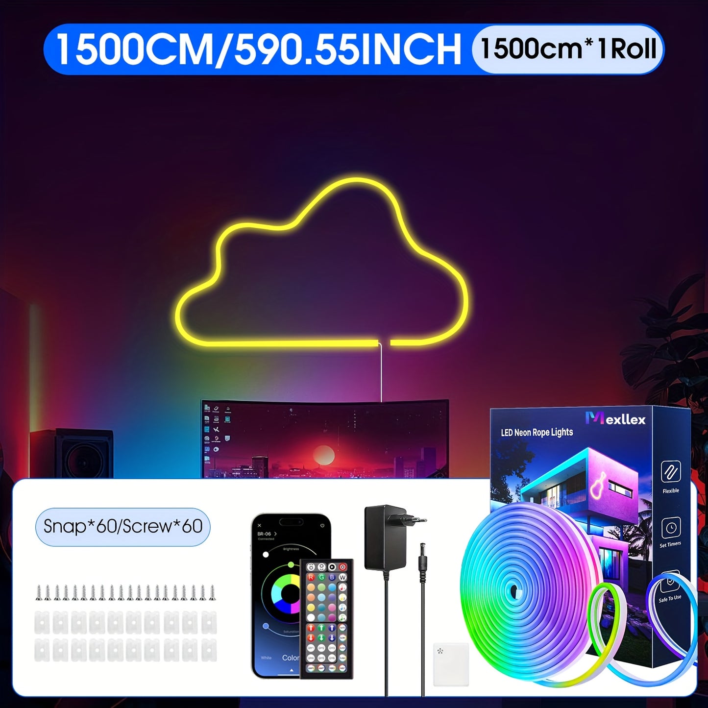 Striscia LED Neon 5M/10M/15M/20M/30M, 24V, Telecomando/Controllo App, Striscia Luminosa RGB Flessibile, IP67, Ideale per Camera da Letto, Decorazioni per Interni ed Esterni