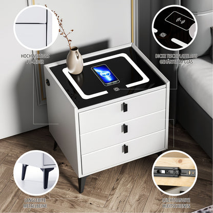 Comodino Nero/Bianco, Comodino con Luci LED Regolabili e 3 Cassetti, Organizer per Comodino Lucido per Camera da Letto