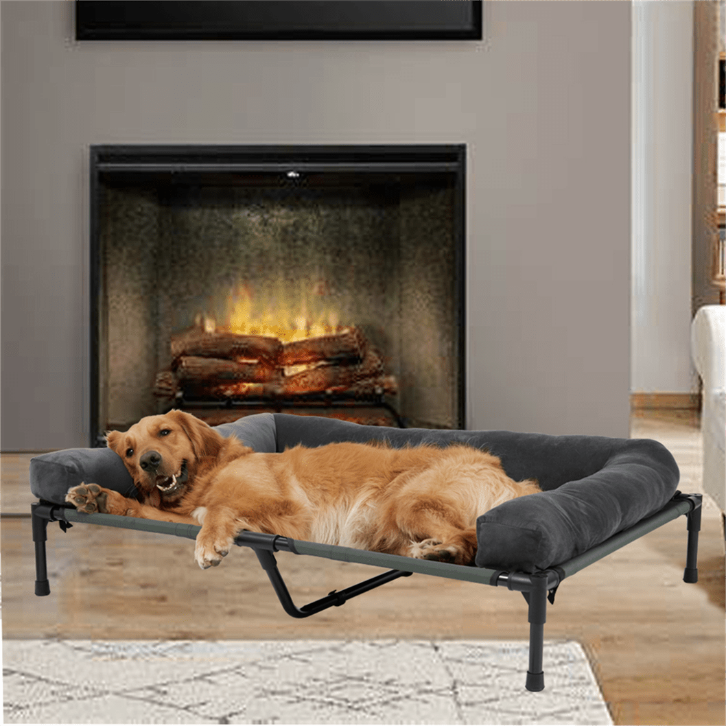Letto per Cani da Campeggio Rialzato L/XL/2XL - Lettino Esterno di Alta Qualità con Tappetino Traspirante e Morbidi Tappeti in Peluche, Struttura Robusta per Cani Grandi, Poliestere Resistente ad Tutte le Condizioni Atmosferiche, Montaggio Facile e Design