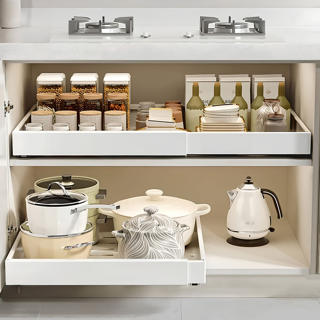 Organizzatore Espandibile per Armadi con Pellicola Adesiva, Larghezza Regolabile da 31cm a 52cm, Cassetto in Metallo Resistente per Pensili di Base, Dispensa e Bagno, Bianco & Nero, Meccanismo Scorrevole Fluido, Facile Installazione, Offerta HOT Devesante