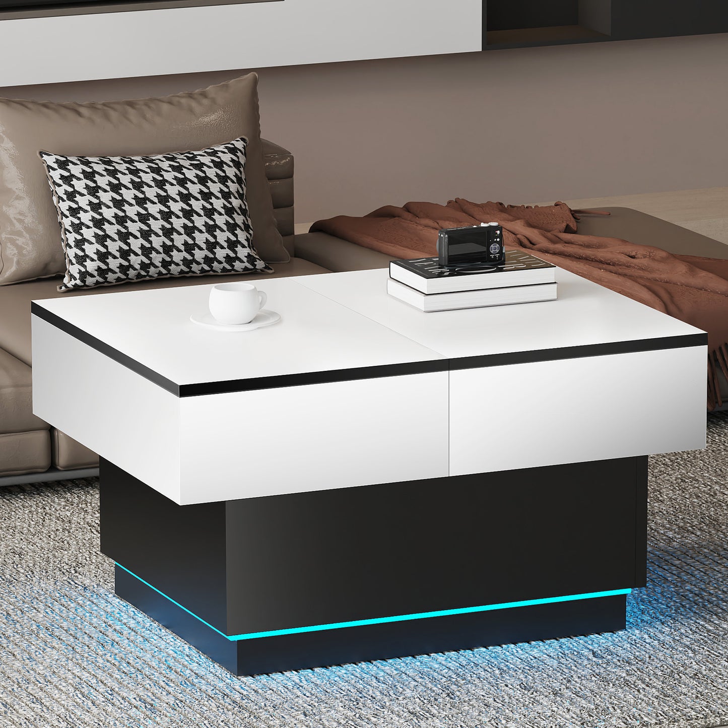 Tavolino da caffè bianco, Tavolino da salotto, Tavolino con 2 ripiani portaoggetti, 80x58x40 cm, Piano estendibile con striscia luminosa RGB, Mobile moderno per soggiorno, Sala riunioni