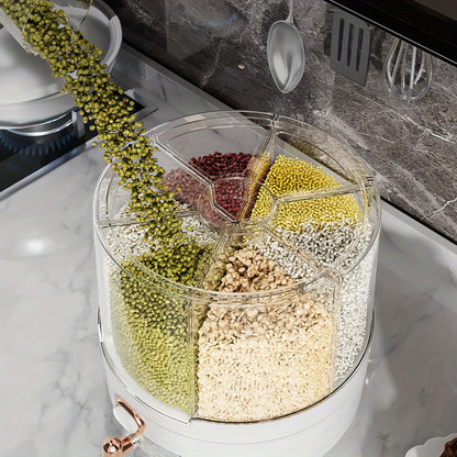 Contenitore Rotante per Cereali | PET | 6 Scomparti Antiumidità | Design a Tappo Ribaltabile Rotondo | Lavaggio Manuale Solo per Alimenti Secchi | 4,5 L (L. D. 22 X 25 cm)