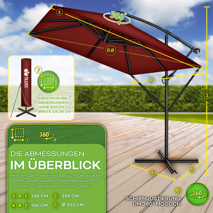 Tillvex® Parasole Rettangolare in Alluminio Ø 330 Cm + Copertura con Manovella | Schermo Angolare a Luce Rossa con Supporto & Parabrezza | Grande Parasole da Giardino in Alluminio Protezione UV | Schermo con Manovella Impermeabile Girevole a 360° per Terr
