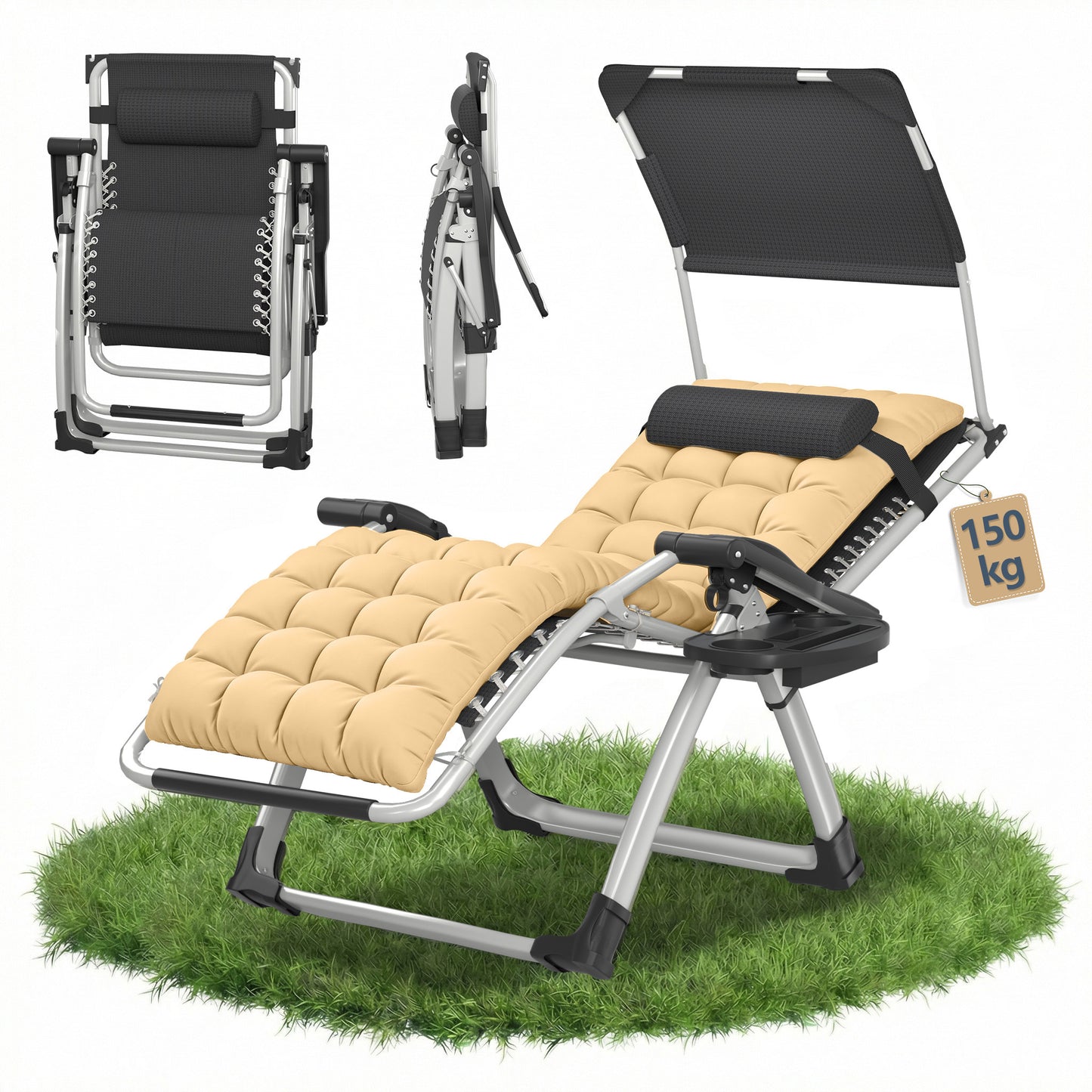 Lettoie ad angolo con tendalino pieghevole, reclinabile, extra large, schienale regolabile, cuscino ergonomico imbottito, cuscino per il collo, tasche laterali, portabicchieri, grigio nero, grigio chiaro, beige