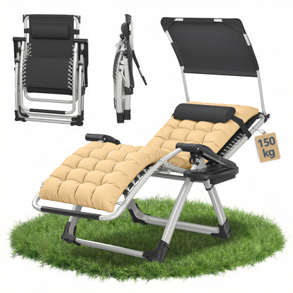Lettoie ad angolo con tendalino pieghevole, reclinabile, extra large, schienale regolabile, cuscino ergonomico imbottito, cuscino per il collo, tasche laterali, portabicchieri, grigio nero, grigio chiaro, beige
