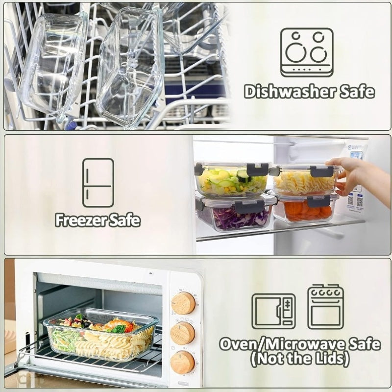 Set di 20 contenitori in vetro per alimenti, 10 contenitori, 10 coperchi trasparenti, lavabili in lavastoviglie, adatti al microonde e al congelatore, a prova di perdite