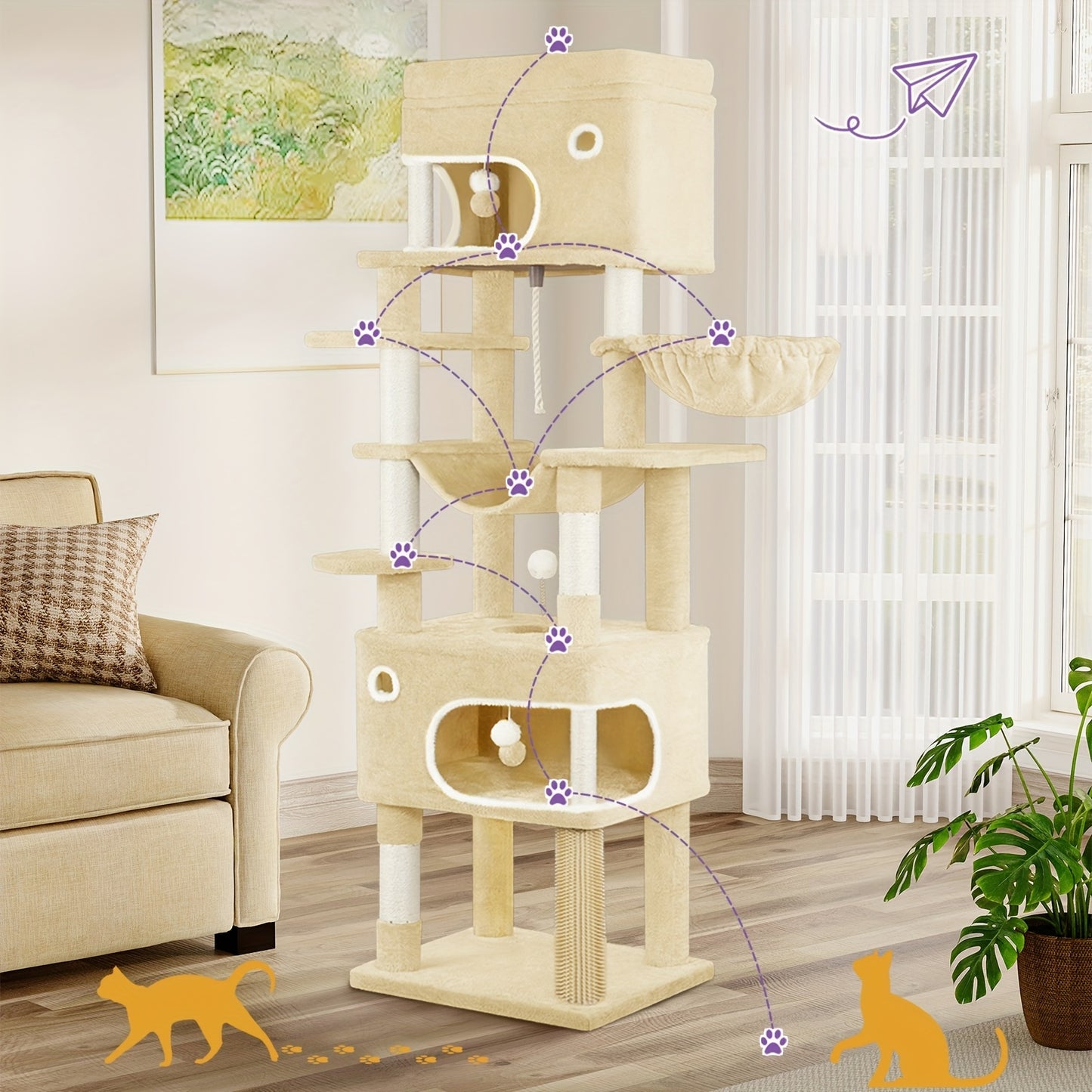 Graffio per Gatti, Albero da 178 cm con Ampia Piattaforma, 2 Rifugi, 7 Pali Graffiatori, Pomponi, Amaca e Postazioni Relax, Adatto a Tutte le Razze di Gatti, Beige