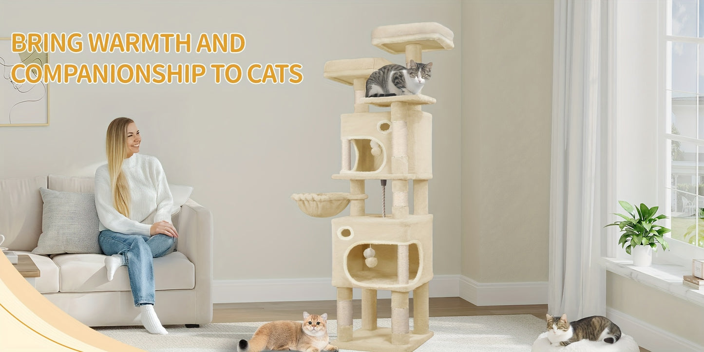 Torre per gatti beige, alta 159 cm con 8 tiragraffi, 3 livelli, 2 rifugi, un cesto, palline di peluche e corda in sisal, ideale per gatti di diverse dimensioni