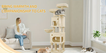 Torre per gatti beige, alta 159 cm con 8 tiragraffi, 3 livelli, 2 rifugi, un cesto, palline di peluche e corda in sisal, ideale per gatti di diverse dimensioni