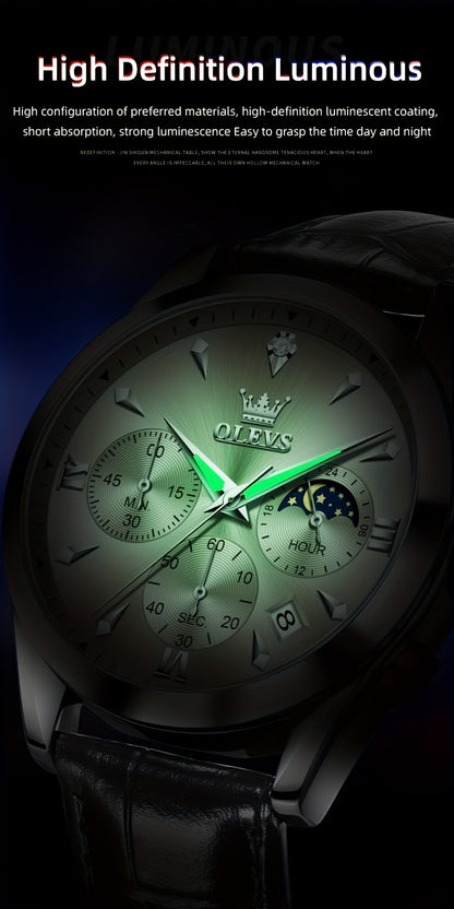 OLEVS Orologio da Uomo Classico Cronografo Cuoio Marrone Cassa Dorata Analogico Quarzo Moda Business Abito Quadrante Grande Orologio da Uomo Giorno Data Luminoso Casual Orologio da Polso Maschile Regali Romantici Relojes De Hombre Quadrante Blu/Nero/Bianc