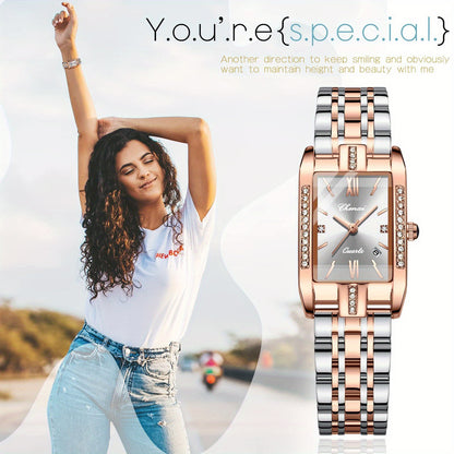 Jewelrywe Orologi Donna Analogico Quarzo Orologio da Polso Lusso Elegante Calendario con Data Strass Rettangolare Bracciale in Acciaio Inossidabile Business Casual