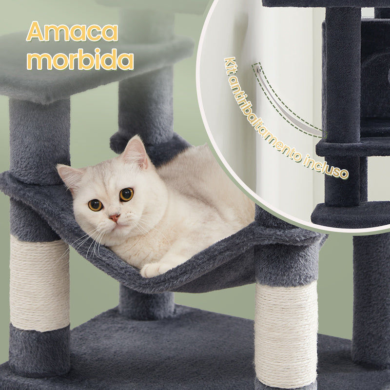 Albero per Gatti 112 cmdi Peluche, 4 Pali Tiragraffi, 2 Pompon, 1 Amaca, 2 Piattaforme, 1 Nicchia