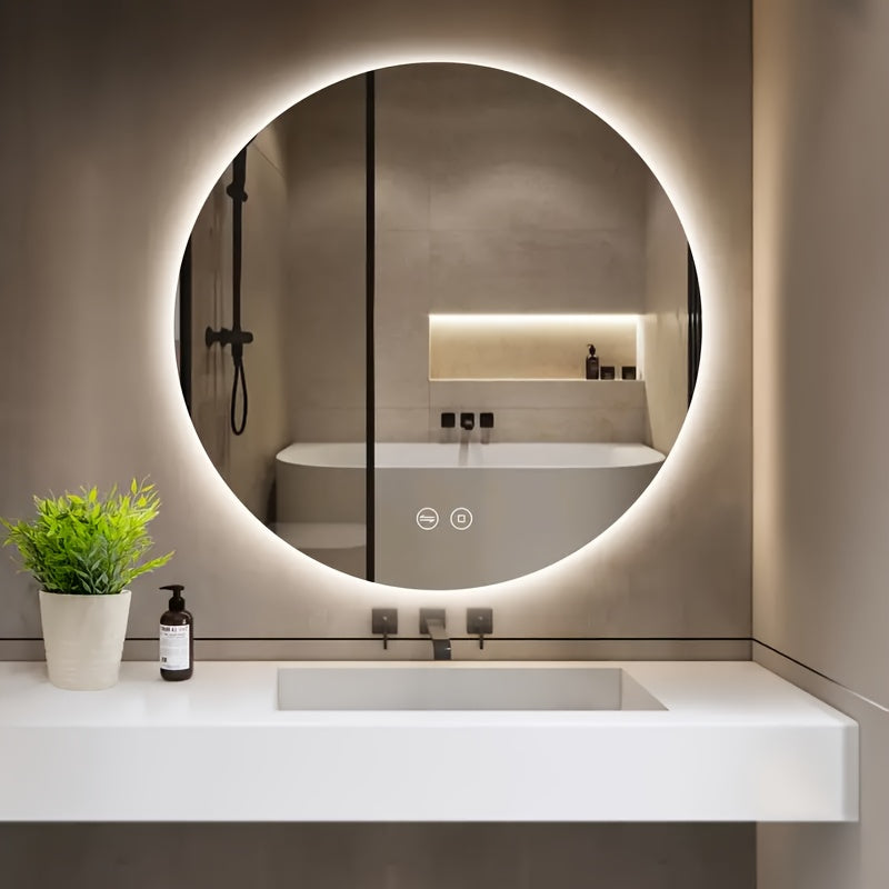 Specchio da bagno grande circolare retroilluminato con un diametro di 49,99 centimetri, adatto per hotel e uso domestico, inclusi i bagni. Viene fornito con un pulsante a pressione con funzione defogliante e un pulsante di illuminazione, imballaggio sicur