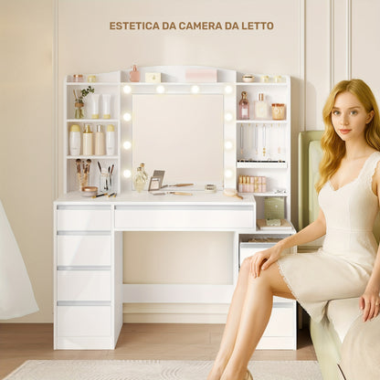 Tavolo da trucco con 8 cassetti, grande specchio con illuminazione LED RGB, ripiano portagioie integrato, piano di lavoro largo 120 cm con comodino, bianco