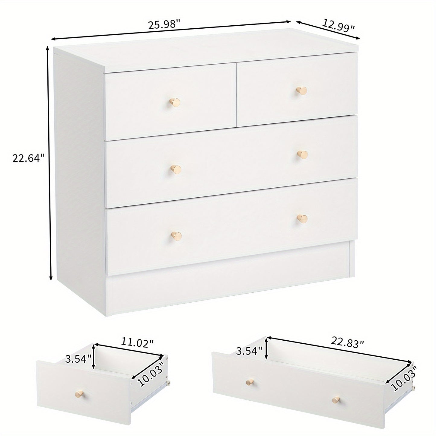 Comò moderno con maniglie dorate opache, cassettiera in legno da 4/5 cassetti per camera da letto, arredo per ufficio domestico in stile Mid-Century e rustico (nero/bianco)