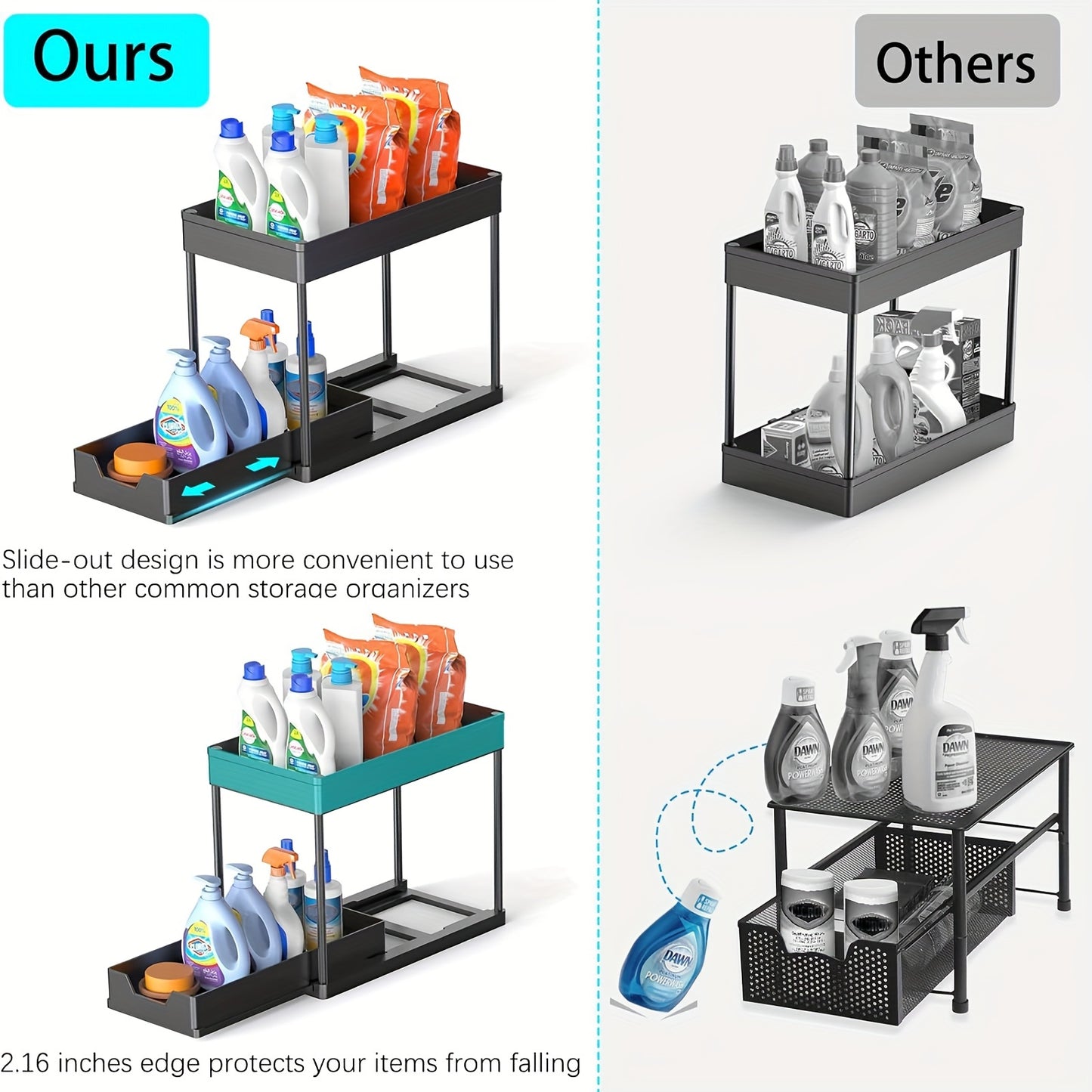 2 Pezzi Organizzatori e Contenitori Sottolavello, Organizer a 2 Ripiani con Ganci, Contenitori e Organizzatori Multiuso Sottolavello per Bagno e Cucina