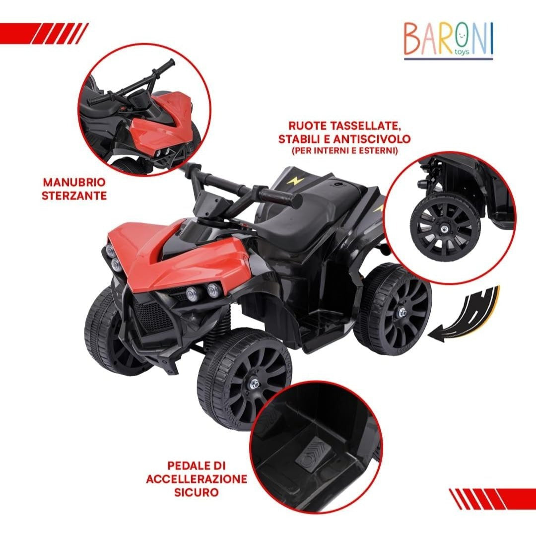 Baroni Toys Quad Elettrico per Bambini 3+ anni con Manubrio Sterzante, Musica e Luci Funzionanti, Quad con Modalità Avanti/Retro, Facile da Montare, 70x42x45 cm