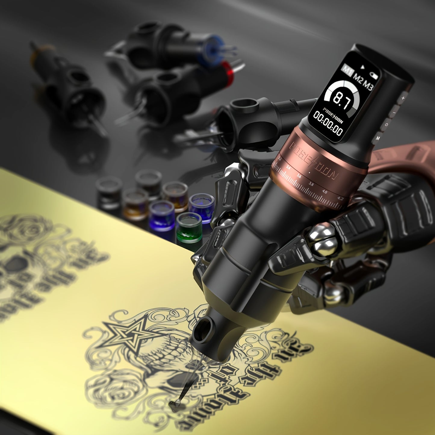 POSEIDON Kit Tatuaggio, Kit Penna Tatuaggio, Kit Macchinetta Tatuaggio Rotativa Wireless, Kit Macchinetta Tatuaggio con Schermo a Colori LED con 20 Aghi Cartuccia Tatuaggio e 11 Inchiostri Tatuaggio, Forniture per Tatuaggi per Principianti