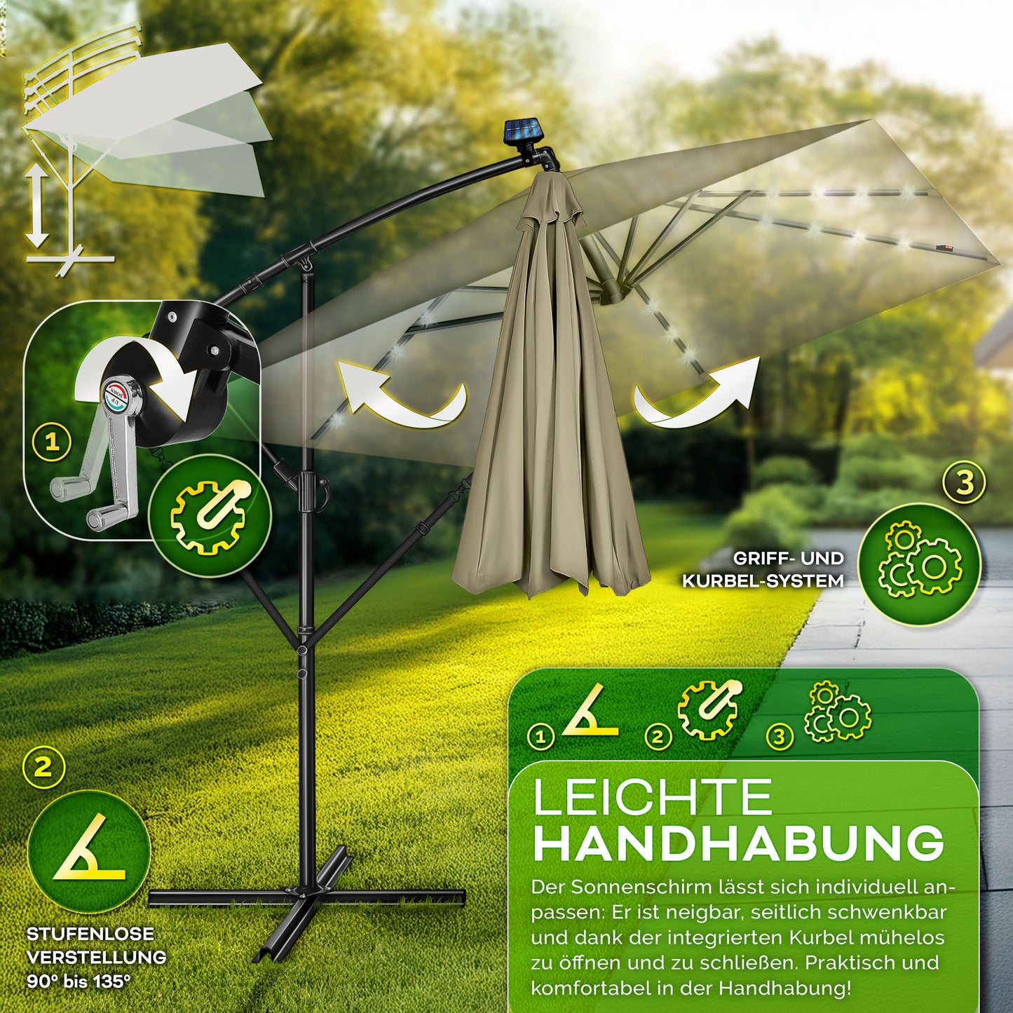 Tillvex® Tenda da Sole Rettangolare in Alluminio con LED Solare Ø 330 Cm + Copertura con Manovella | Ombrello Angolare con Luce Stradale, Supporto e Parabrezza | Grande Ombrello da Giardino in Alluminio con Protezione UV | Ombrello con Manovella, Ombrello