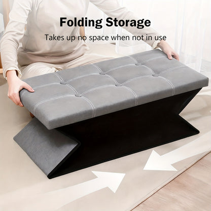 Sgabello contenitore multifunzionale moderno con seduta imbottita e contenitore pieghevole, tessuto grigio, design salvaspazio, adatto per soggiorno, camera da letto, cucina; robusto poggiapiedi rettangolare, panca, con seduta imbottita morbida