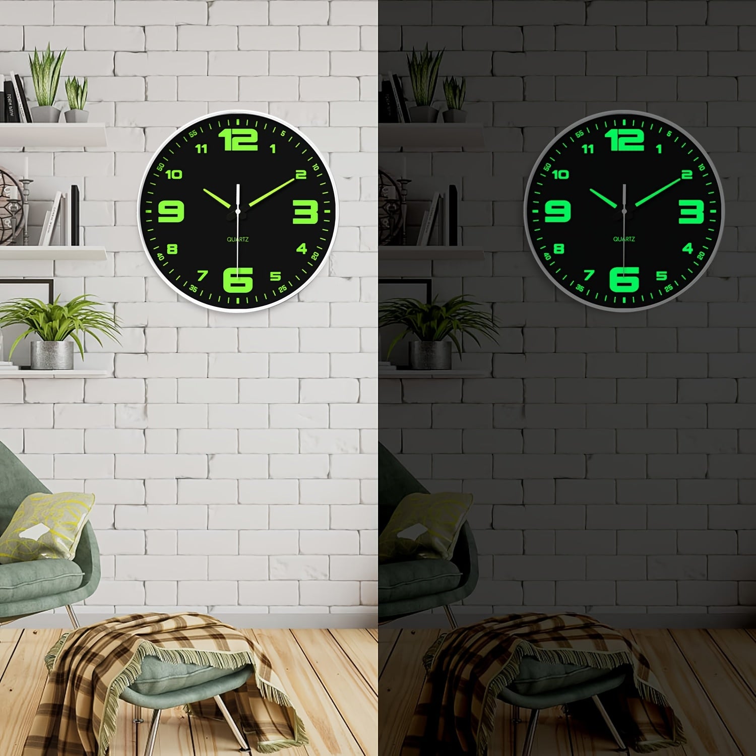 Orologio da parete silenzioso a 12 pollici con numeri che si illuminano al buio, numeri e lancette luminose che assorbono l'energia, 20,32-40,64 cm, in plastica senza ticchettio, a batteria, per soggiorno, camera da letto, ufficio, decorazioni da parete,