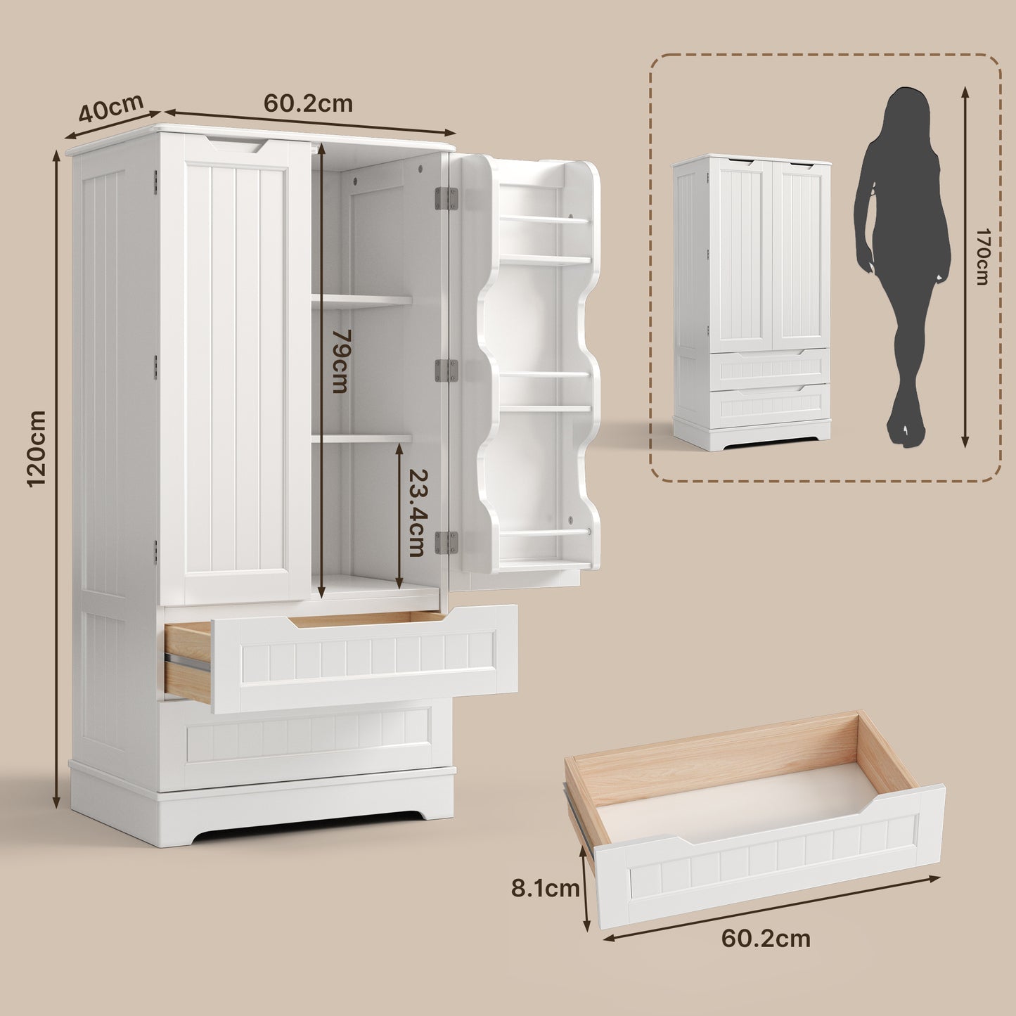 Credenza pensile per cucina - Mobiletto a pavimento con 2 cassetti e 2 ante - 60x40x120cm - Armadi da cucina bianchi