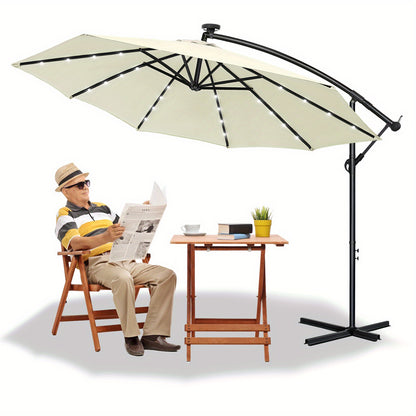 Parasole da balcone 300/350cm, parasole a sbalzo LED con manovella, parasole da giardino in alluminio con supporto, protezione solare, protezione UV, terrazza, giardino, spiaggia