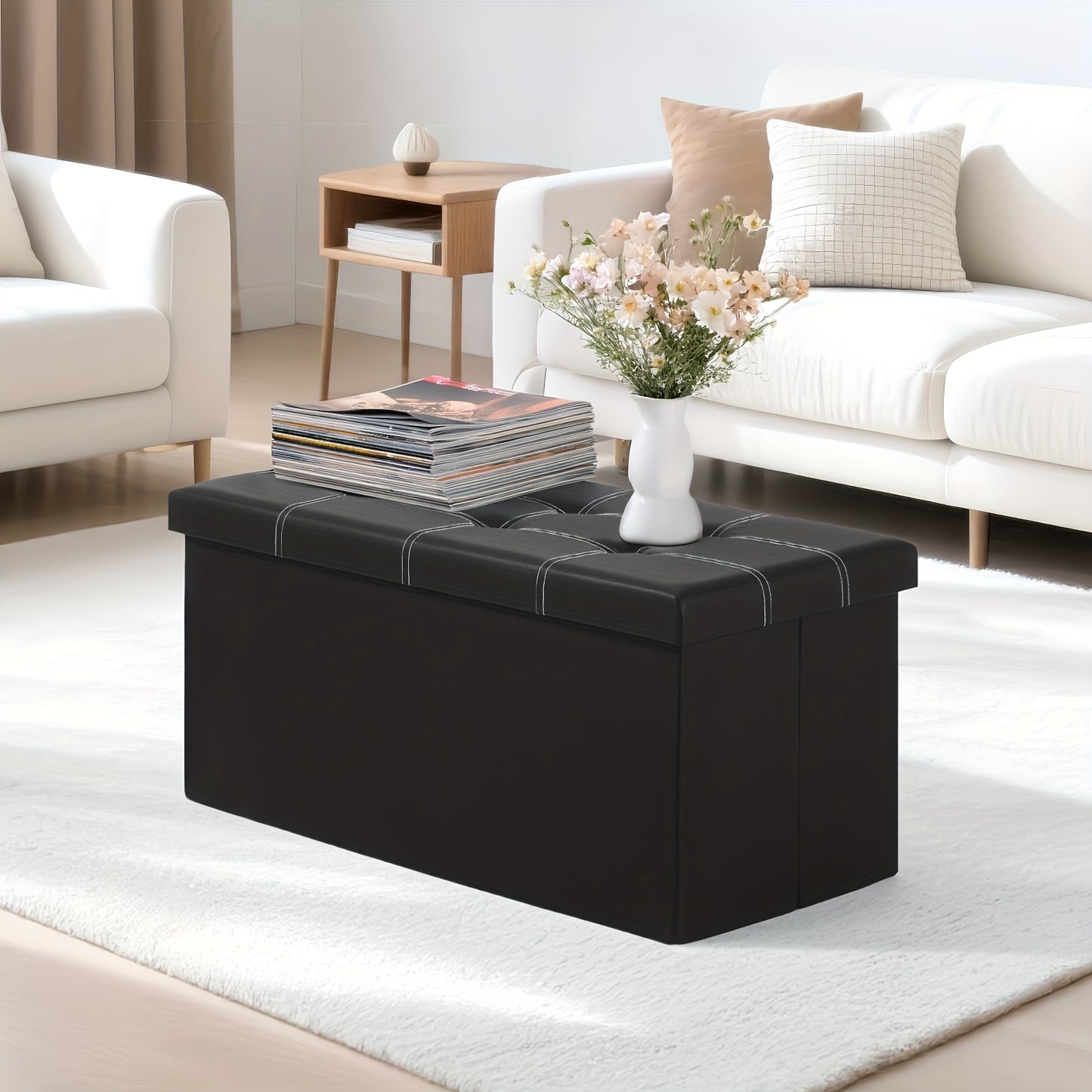 Panchetto Pieghevole in Pelle con Doppia Cucitura, Materiale in Pelle Facile da Riporre, Elevata Capacità di Carico Ideale per Sedersi, Panchetto per Divano o Cambio Scarpe, Panchetto con Contenitore, Panchetto Lungo, Scatola-Panchetto