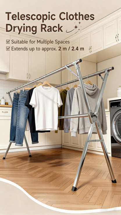 Stendibiancheria telescopico pieghevole a X robusto da 200.03cm/240.03cm, stendino da bucato indipendente retrattile in acciaio inossidabile con clip antivento e per calze, salvaspazio per uso interno ed esterno su balconi, appartamenti e bagni