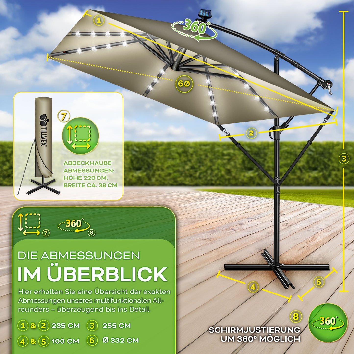 Tillvex® Tenda da Sole Rettangolare in Alluminio con LED Solare Ø 330 Cm + Copertura con Manovella | Ombrello Angolare con Luce Stradale, Supporto e Parabrezza | Grande Ombrello da Giardino in Alluminio con Protezione UV | Ombrello con Manovella, Ombrello
