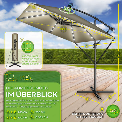 Tillvex® Tenda da Sole Rettangolare in Alluminio con LED Solare Ø 330 Cm + Copertura con Manovella | Ombrello Angolare con Luce Stradale, Supporto e Parabrezza | Grande Ombrello da Giardino in Alluminio con Protezione UV | Ombrello con Manovella, Ombrello