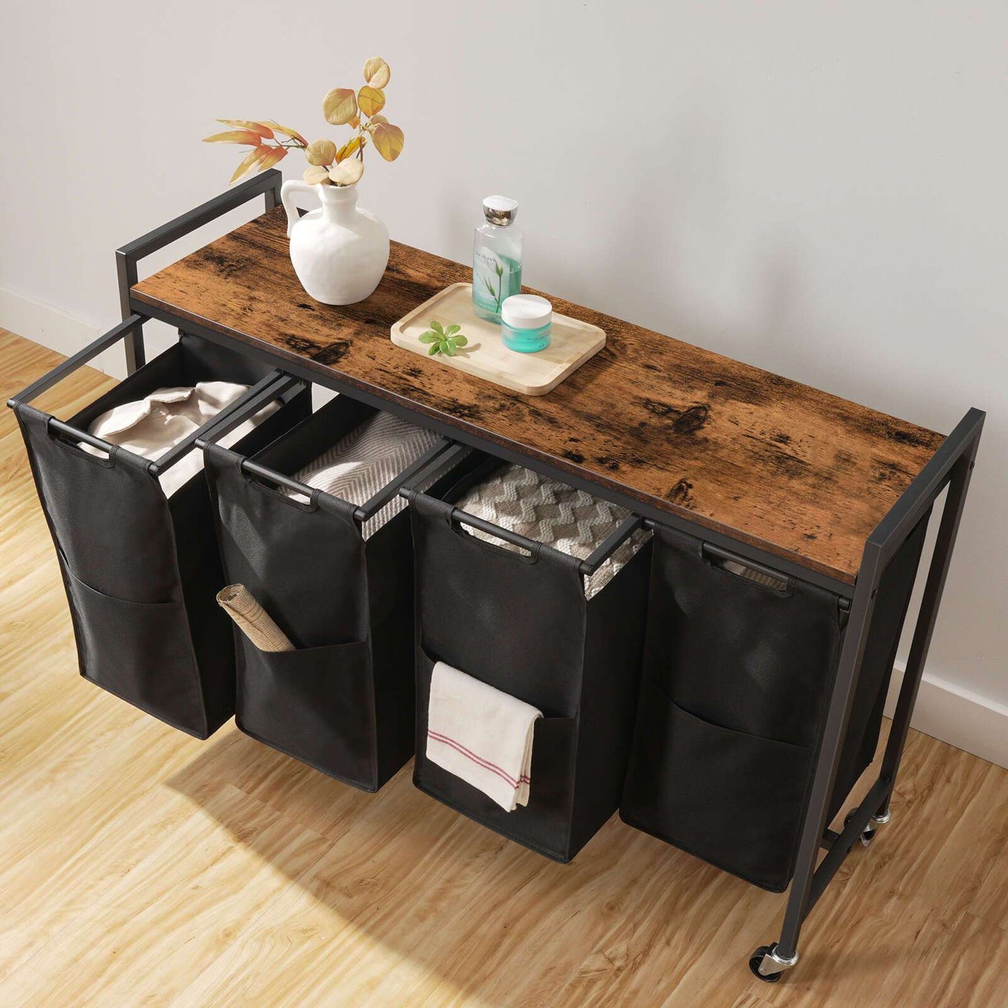 Bianco e Nero, Marrone e Nero, Separatore per la Biancheria 4 Sezioni, Cestello per la Biancheria, Cestello per la Biancheria con Ruote, 4 × 10.5 Gal (39.8L), Carrello Rotolante, Cestelli per la Biancheria in Tessuto Oxford Rimovibili e Pieghevoli, Cestel
